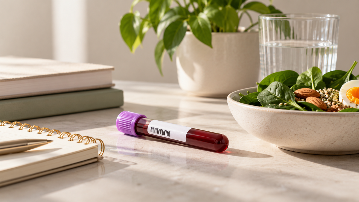 Blood sample beside iron-rich foods representing ferritin.